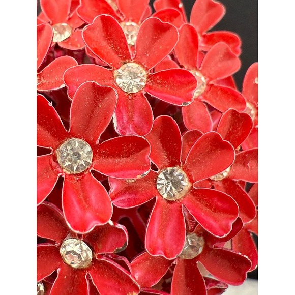 Vintage Red Enamel  Brooch Rhinestone Flower Dome - Picture 6 of 7